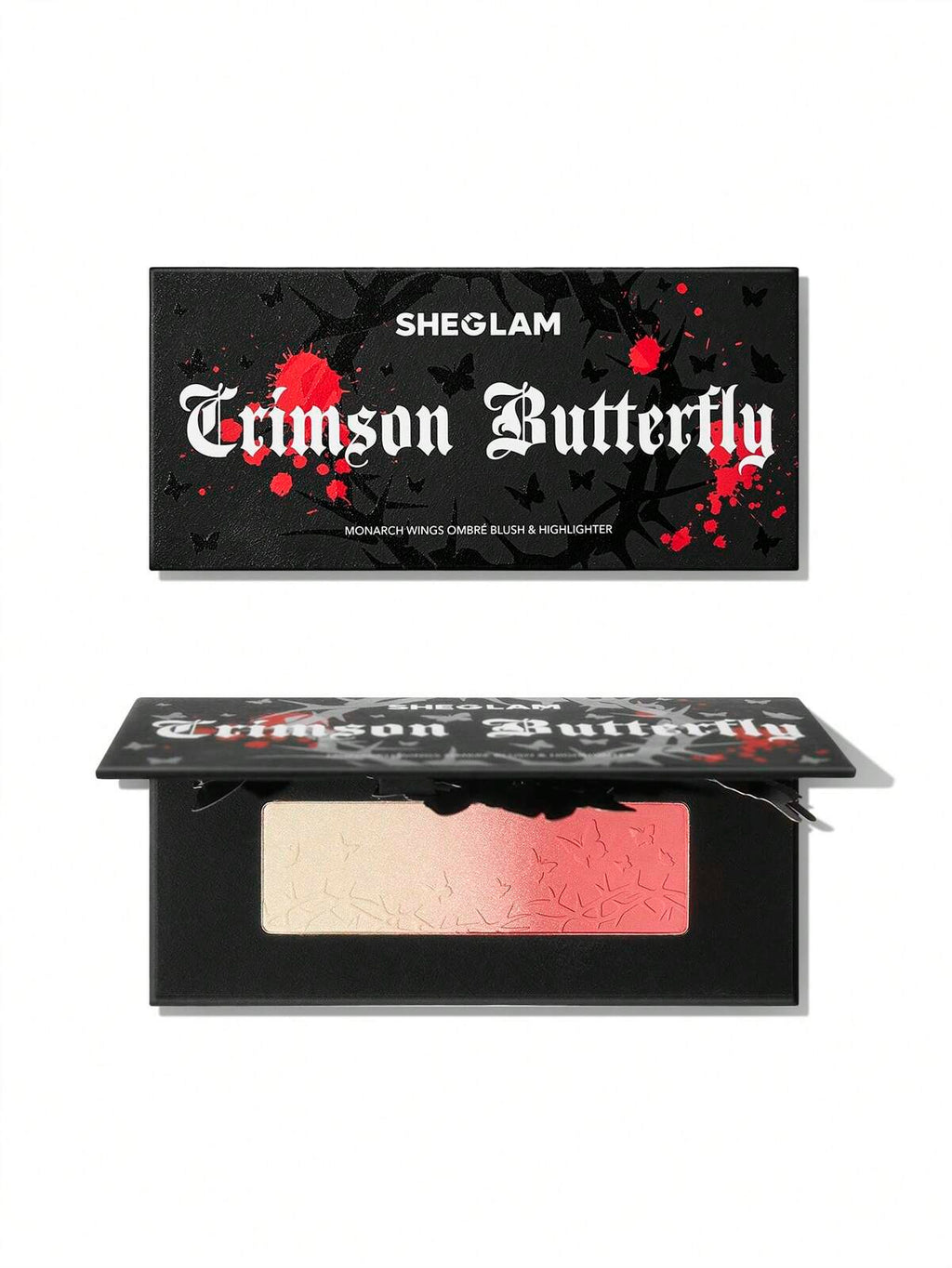 Sheglam Crimson Butterfly makeup palette with black packaging and red accents.
